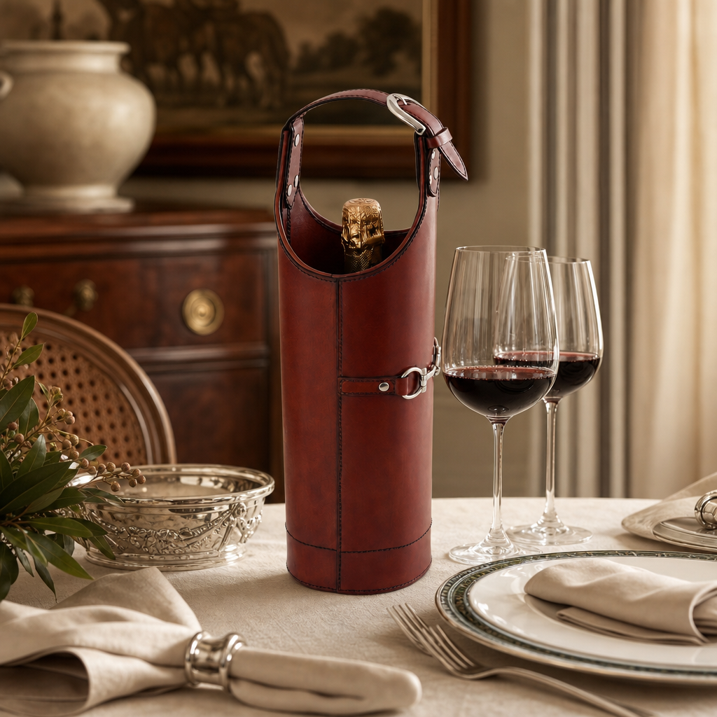 Premium Genuine Leather Equestrian Wine Bottle Carrier Single