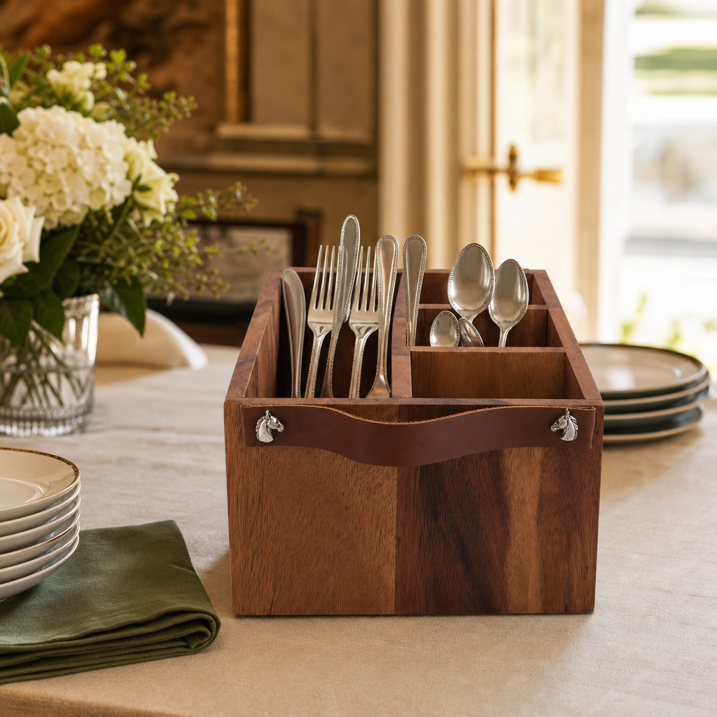 Horse Bits Flatware Caddy with Leather Handles