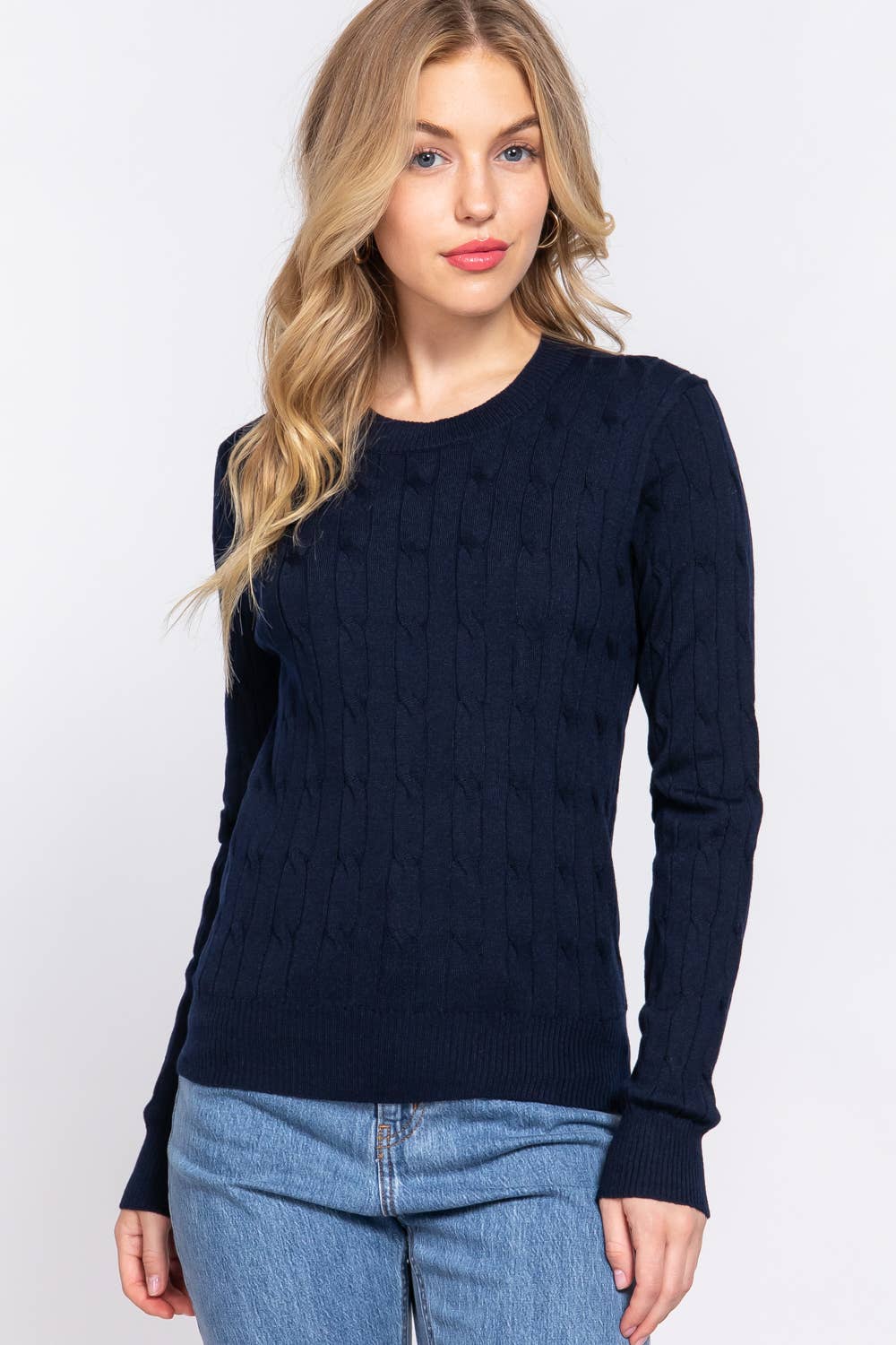 Long Sleeve Round Neck Cable Sweater