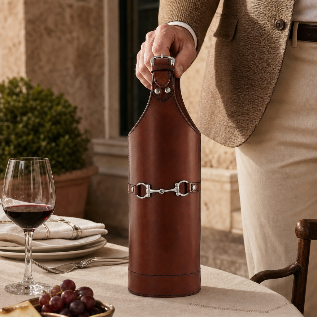 Premium Genuine Leather Equestrian Wine Bottle Carrier Single