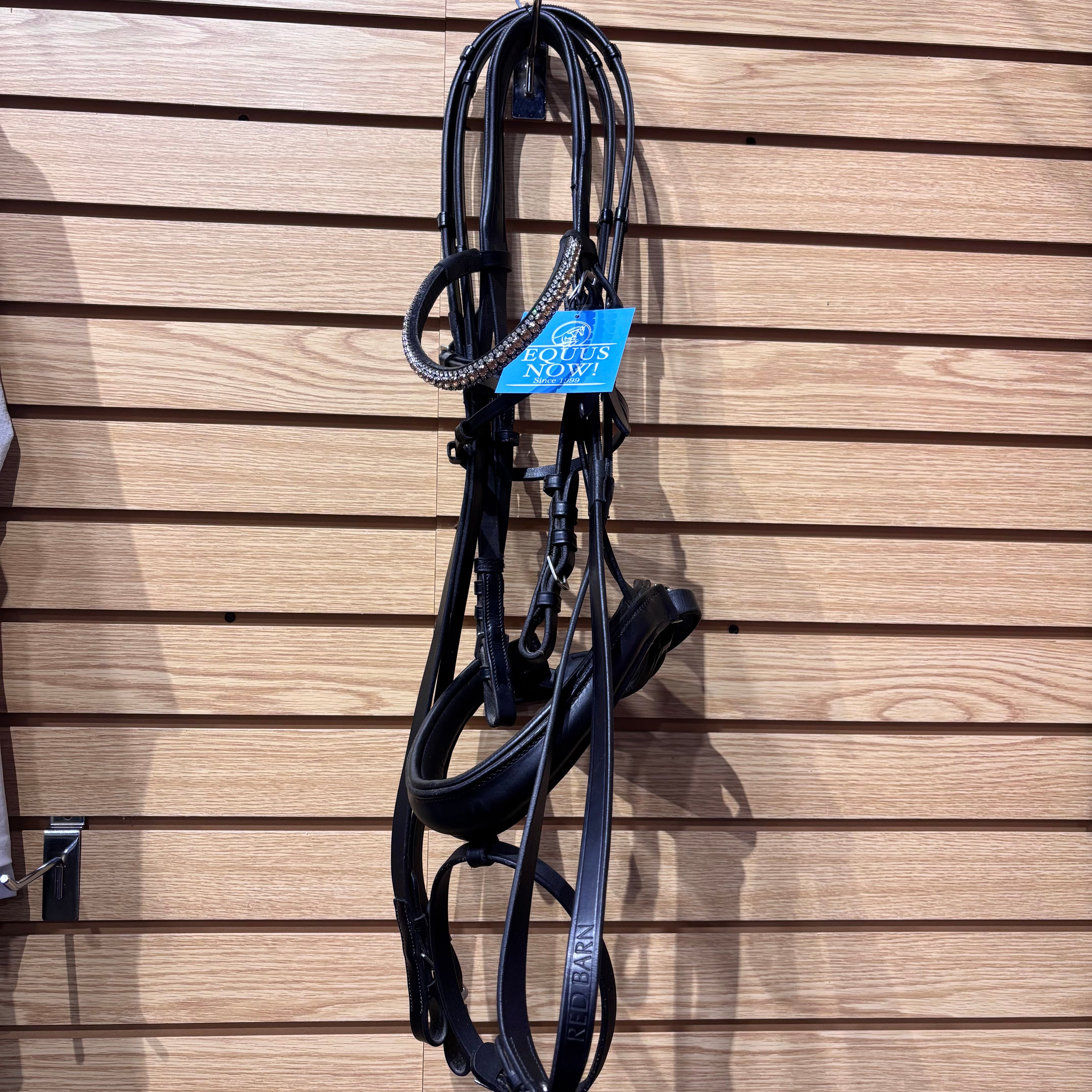 Used Full Black Flexible Fit Dressage Bridle and Red Barn Easy Grip Reins