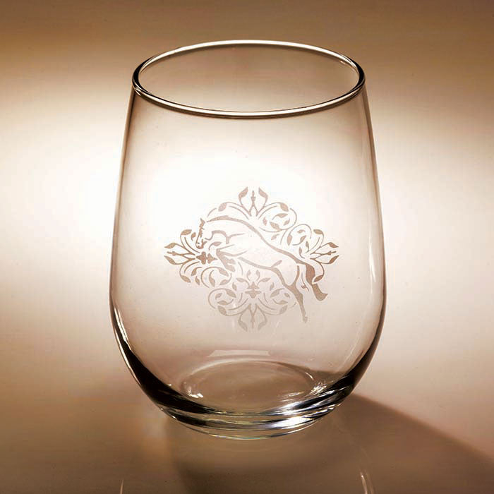 Jumper Floral Etched Stemless Wine Glass - sku to order - 110101