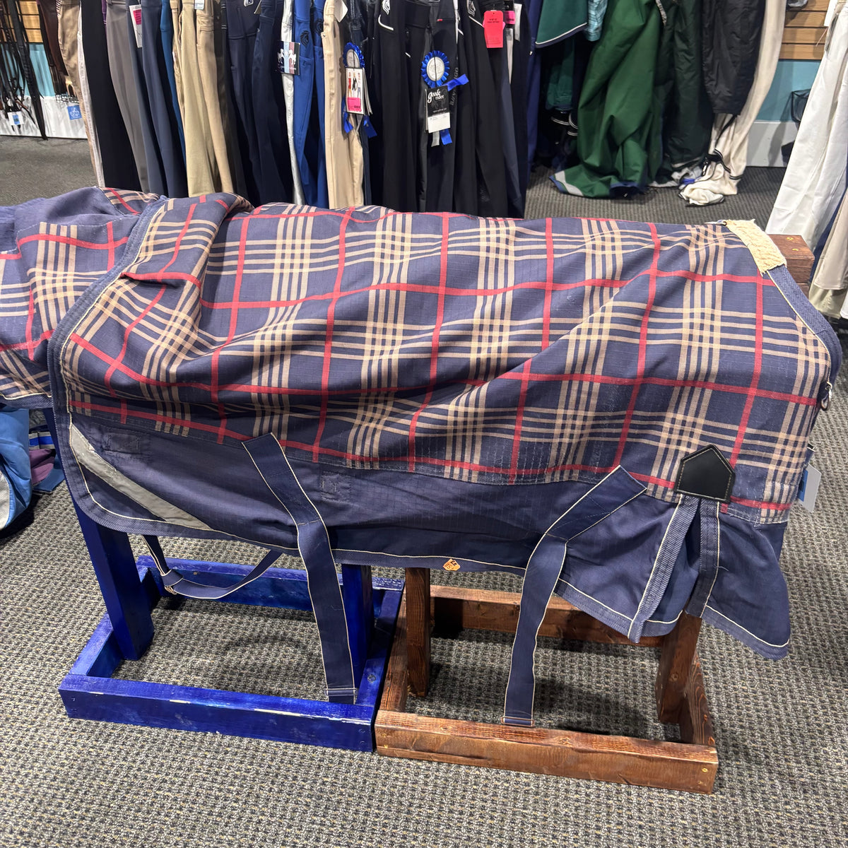Used 48" Navy Plaid Shires Medium Turnout Blanket