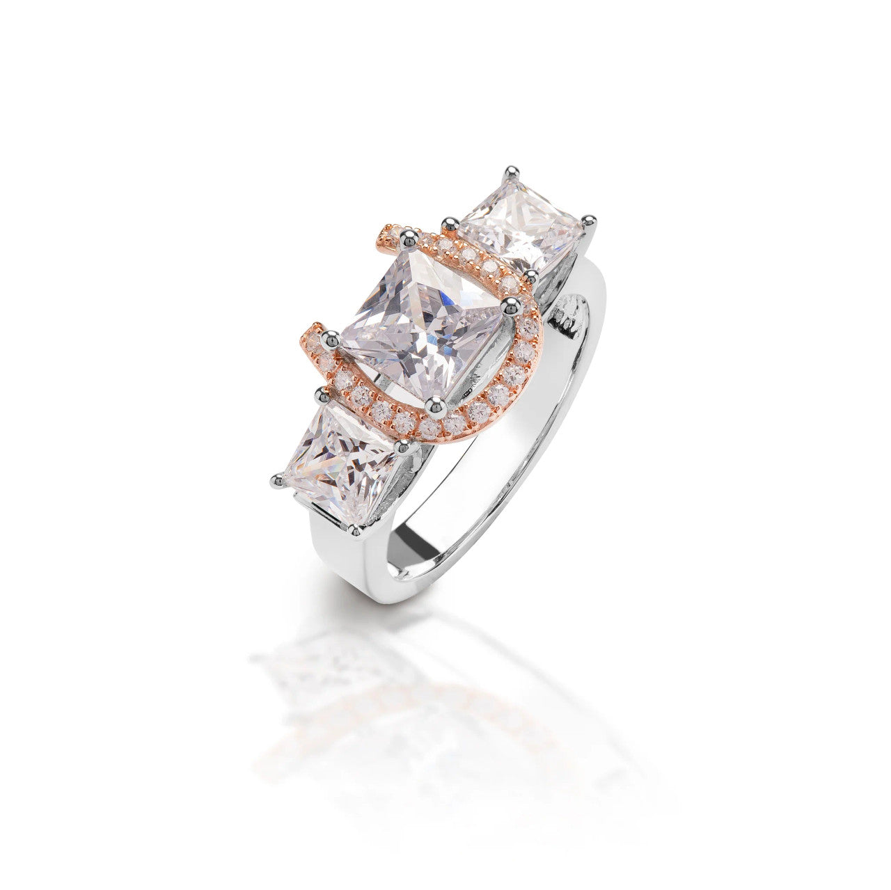 Kelly Herd Large Princess Cut Three Stone Horseshoe Ring with Rose Gold Plated Horseshoe 9 Sterling Silver