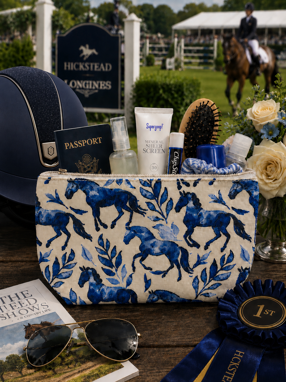 Equestrian Pouch Bag Blue Horse Print