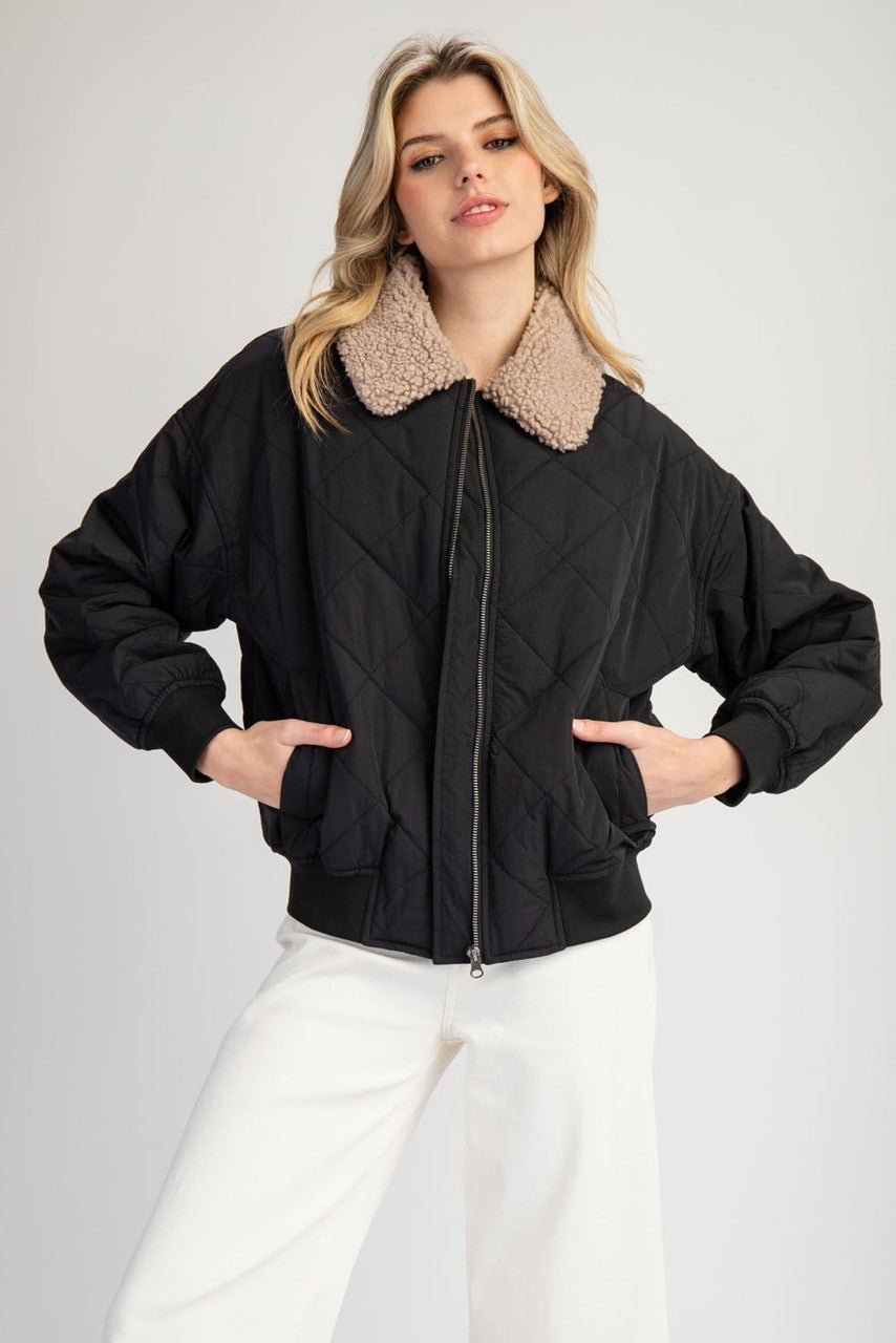 Quilted Fur Collar Zipper Jacket - supporting