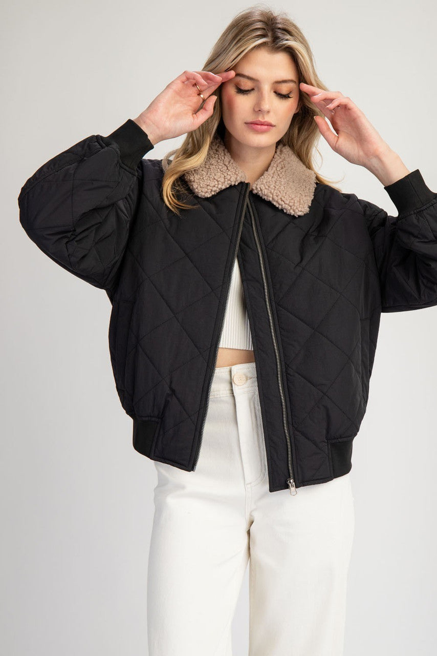 Quilted Fur Collar Zipper Jacket - supporting