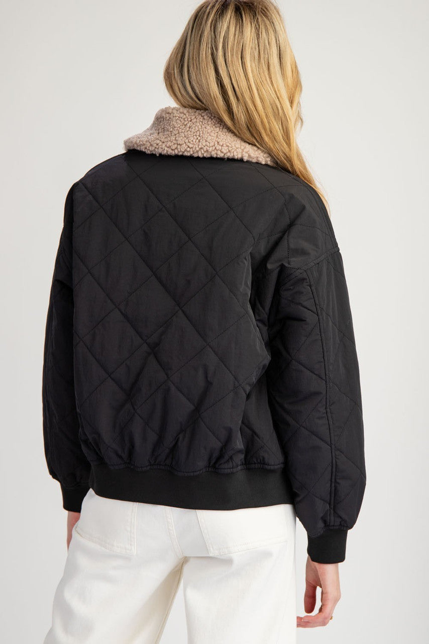 Quilted Fur Collar Zipper Jacket - supporting