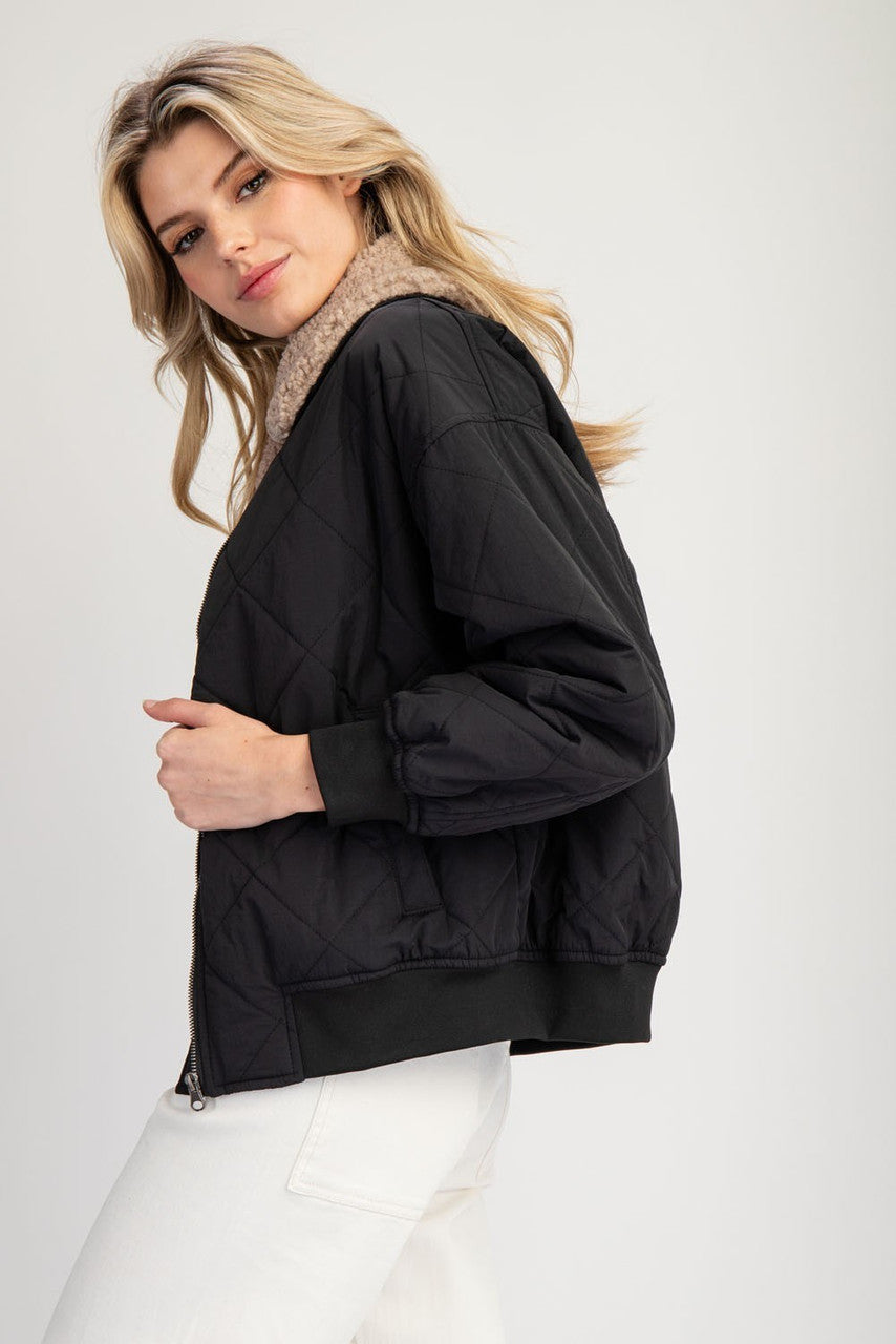 Quilted Fur Collar Zipper Jacket - supporting