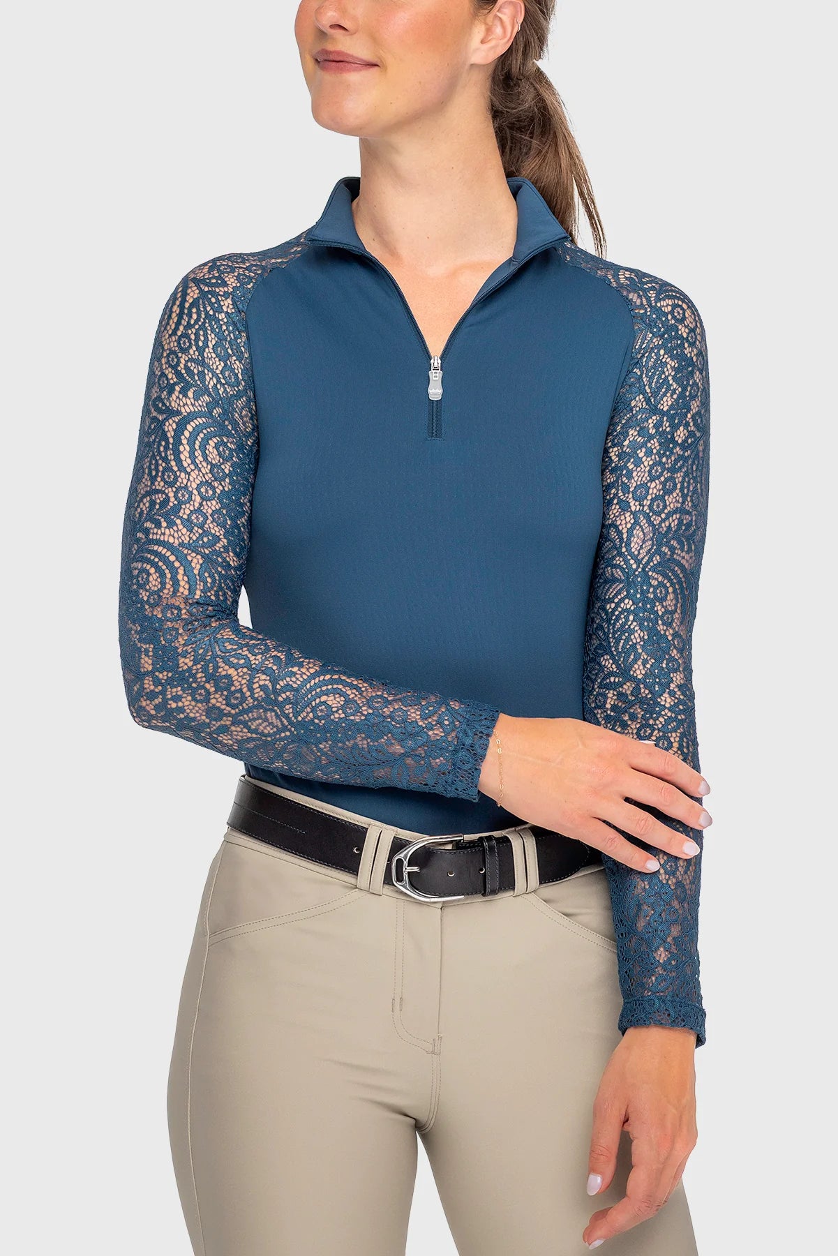 Kastel Long Sleeve Sailor Blue Floral Lace Raglan 1/4 Zip