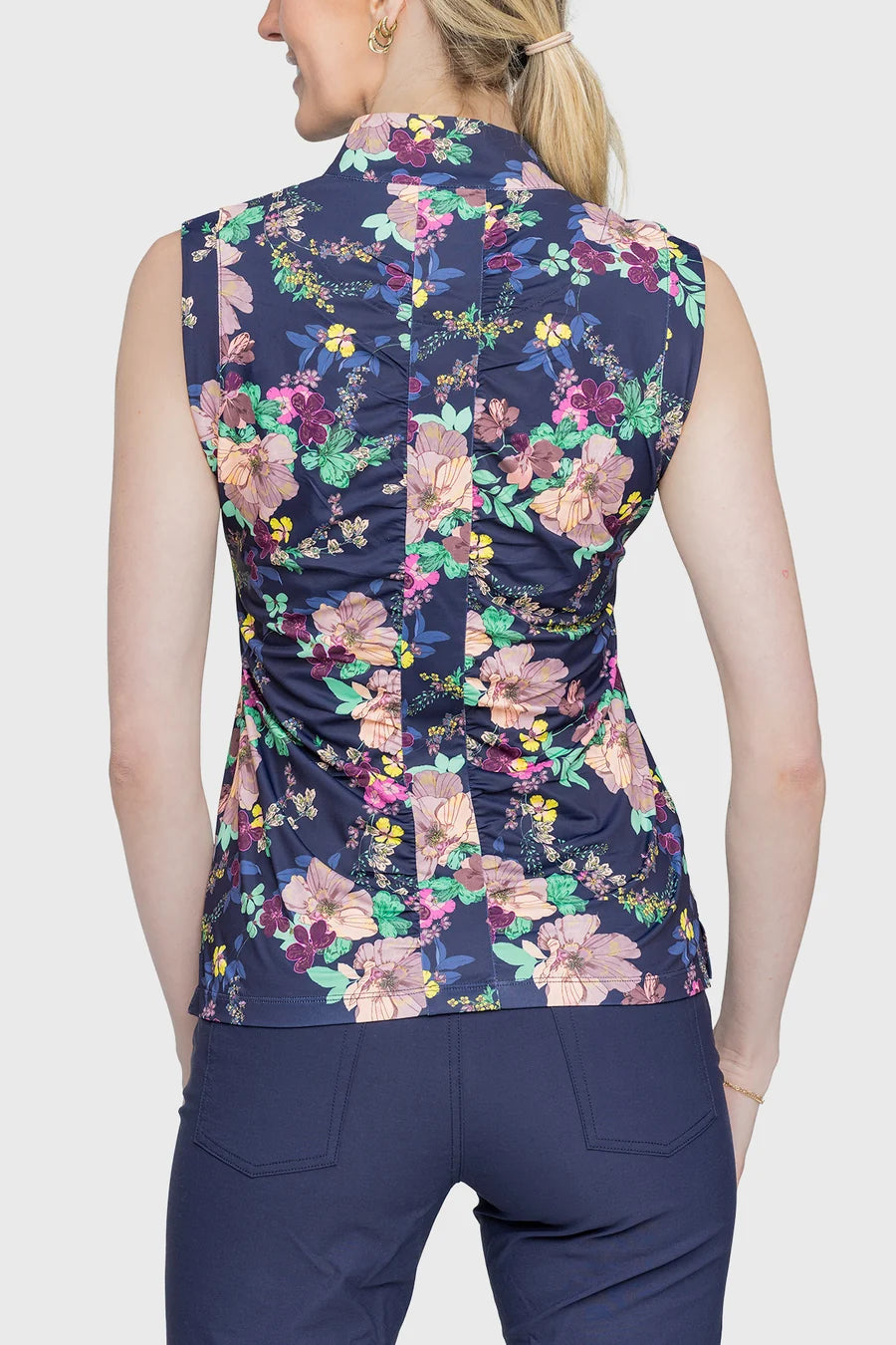 SALE Kastel Sleeveless Tank Ruched Back Navy Lush Garden 1/4 Zip