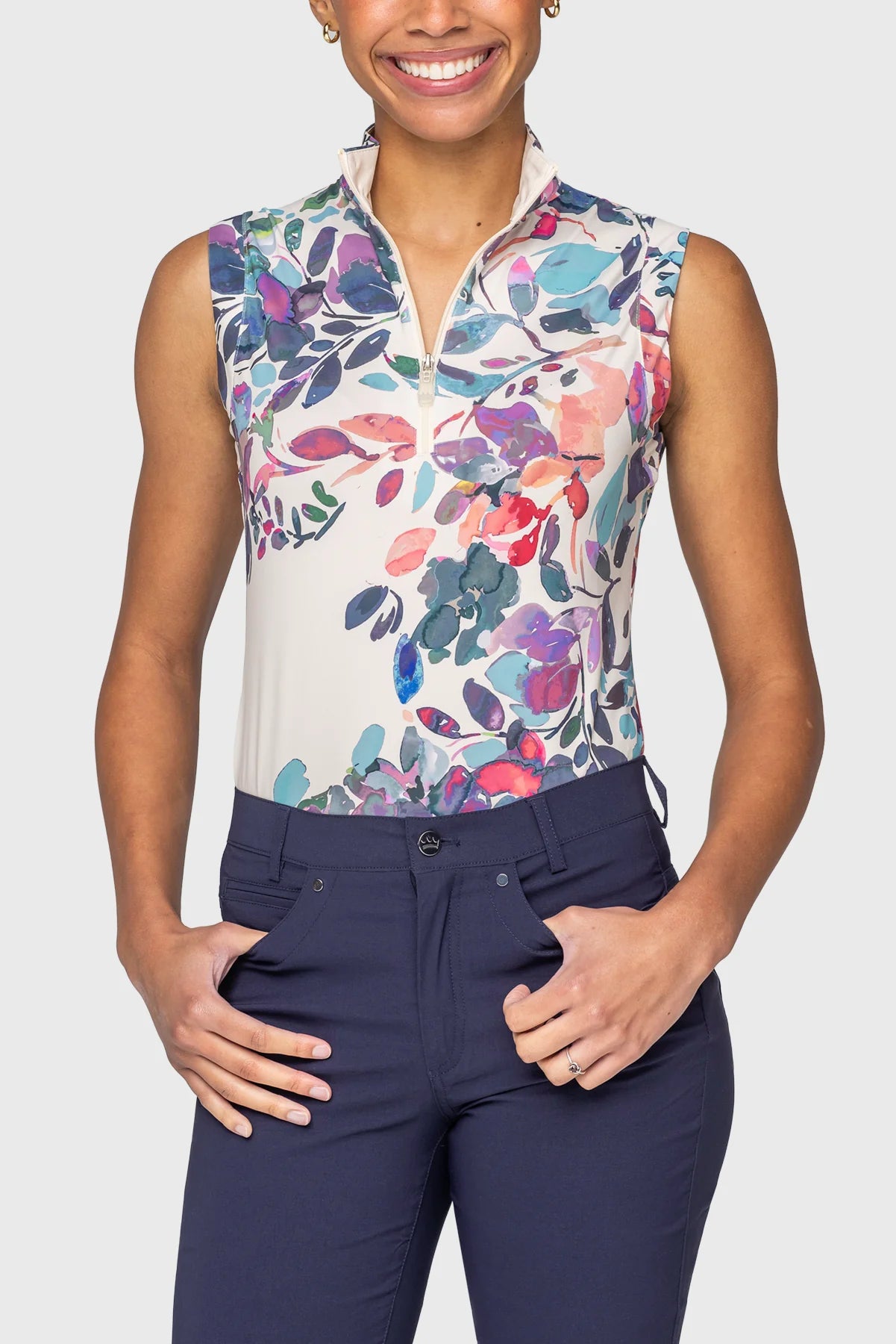 Kastel Amethyst Watercolor Floral Ruched Back 1/4 Zip Tank