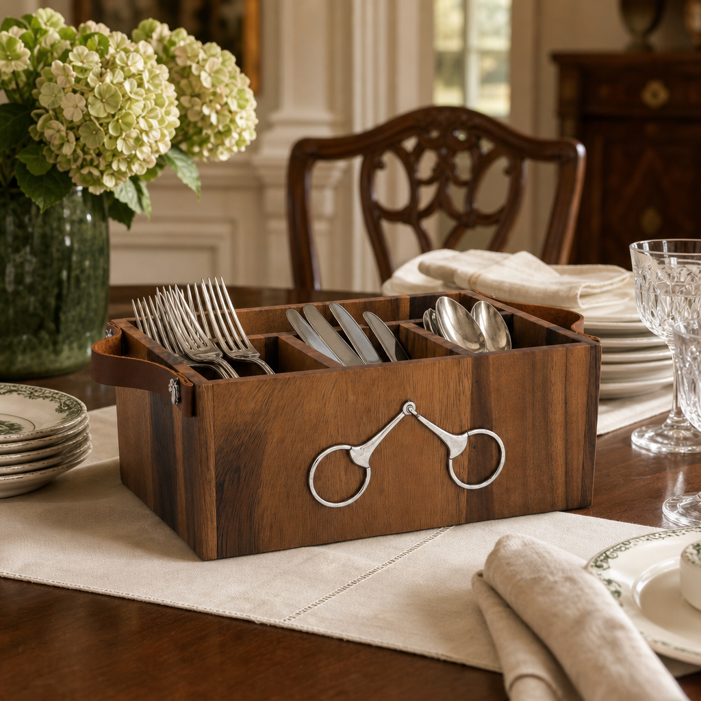 Horse Bits Flatware Caddy with Leather Handles