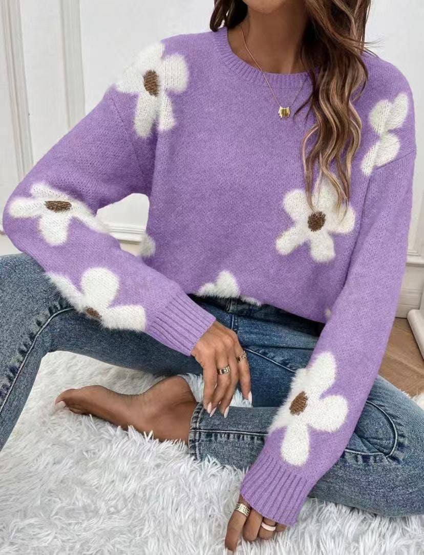 Fuzzy Flower Knit Sweater