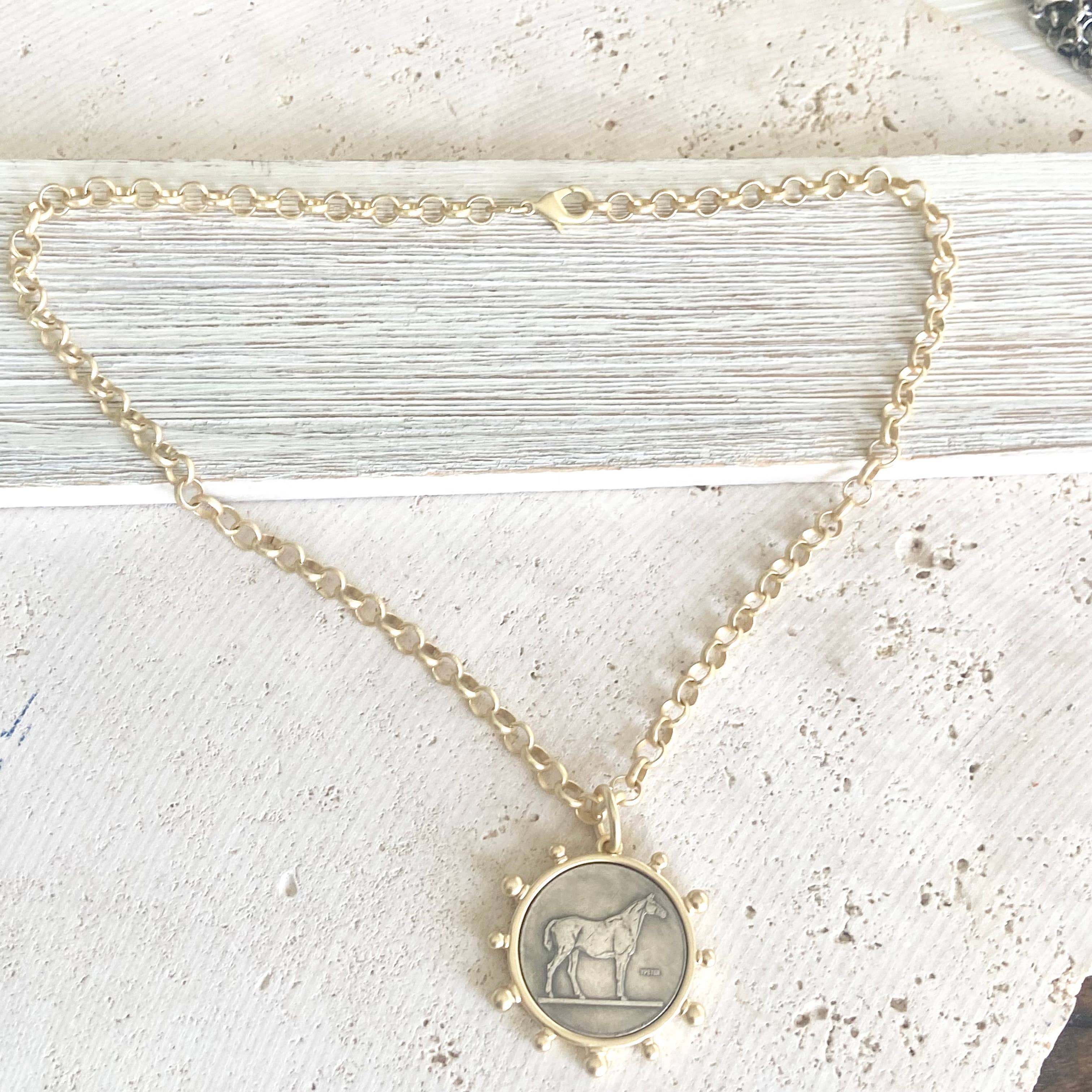 VB&CO Designs Handmade Jewelry - Matte gold horse coin jewelry 