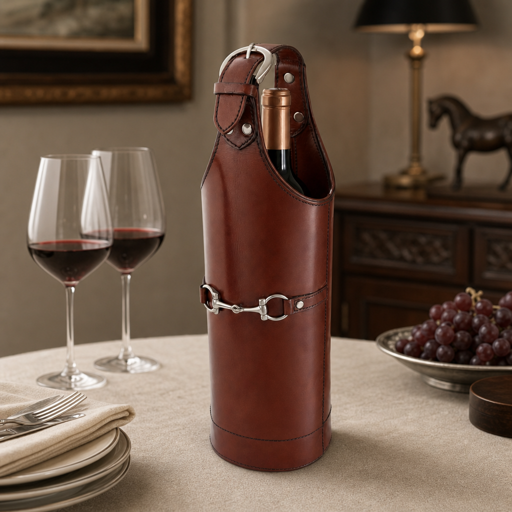 Premium Genuine Leather Equestrian Wine Bottle Carrier Single