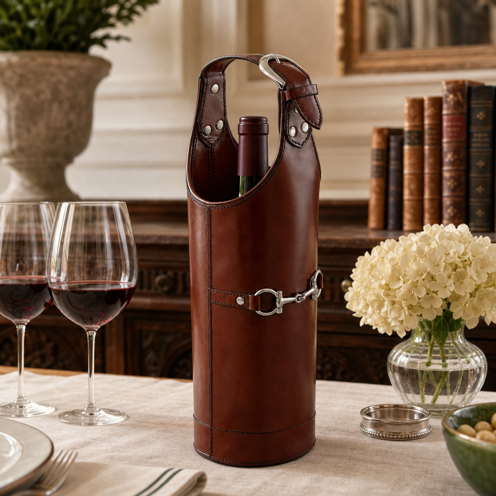 Premium Genuine Leather Equestrian Wine Bottle Carrier Single
