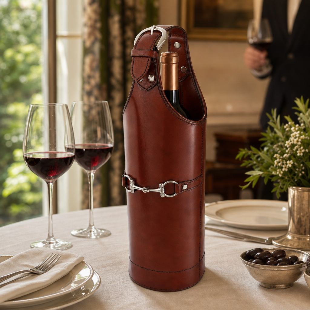 Premium Genuine Leather Equestrian Wine Bottle Carrier Single