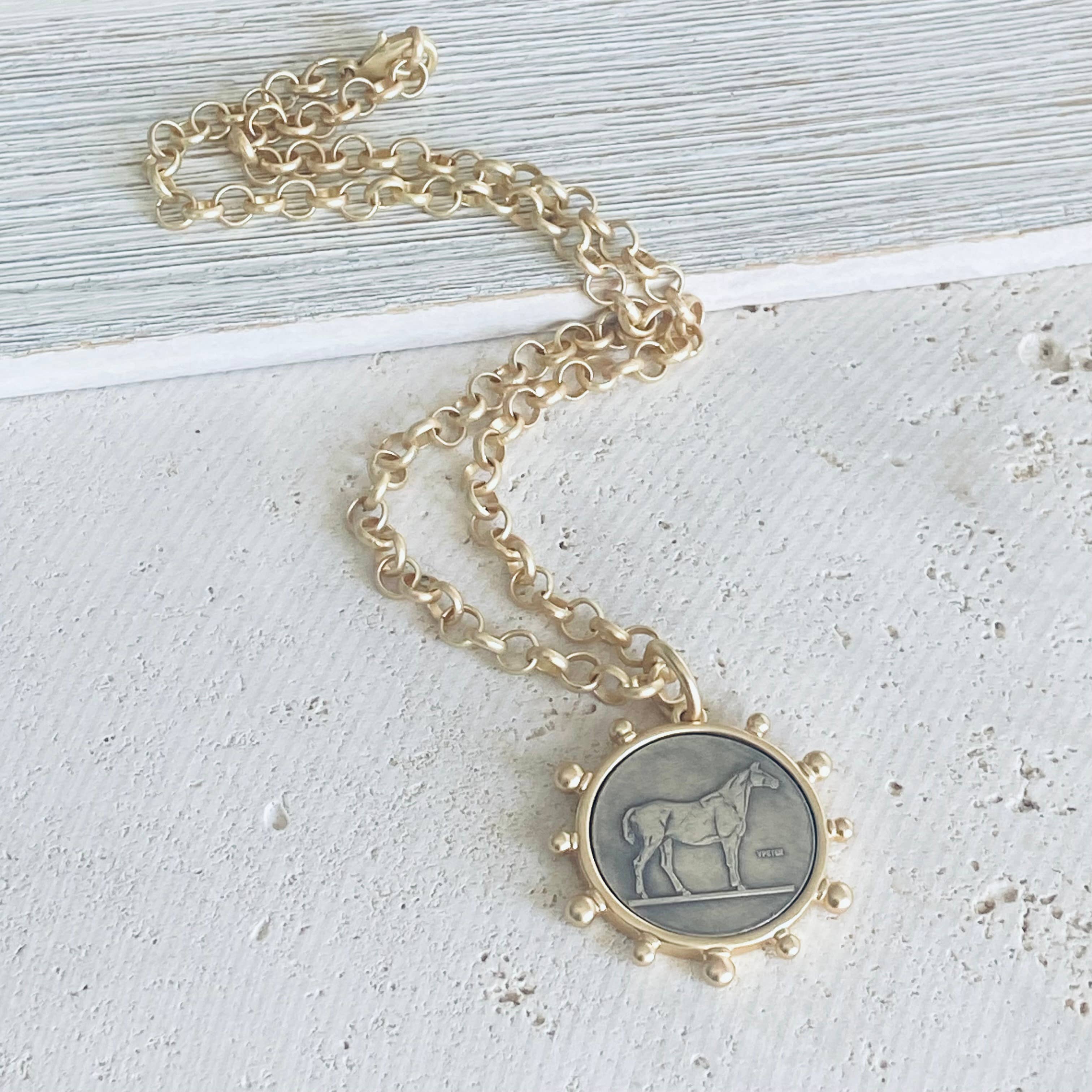 VB&CO Designs Handmade Jewelry - Matte gold horse coin jewelry 
