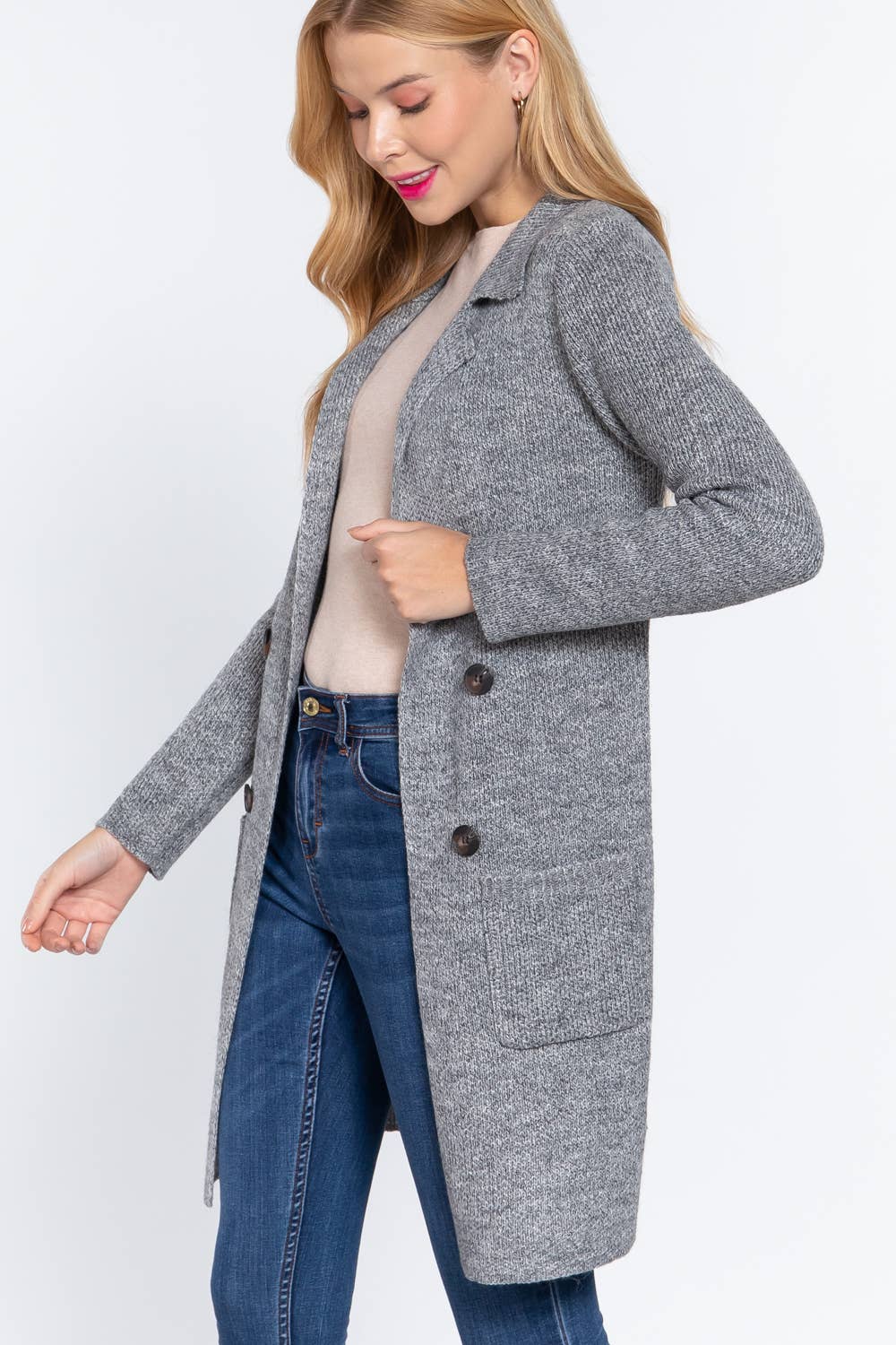 Long Sleeve Notched Collar Sweater Jacket