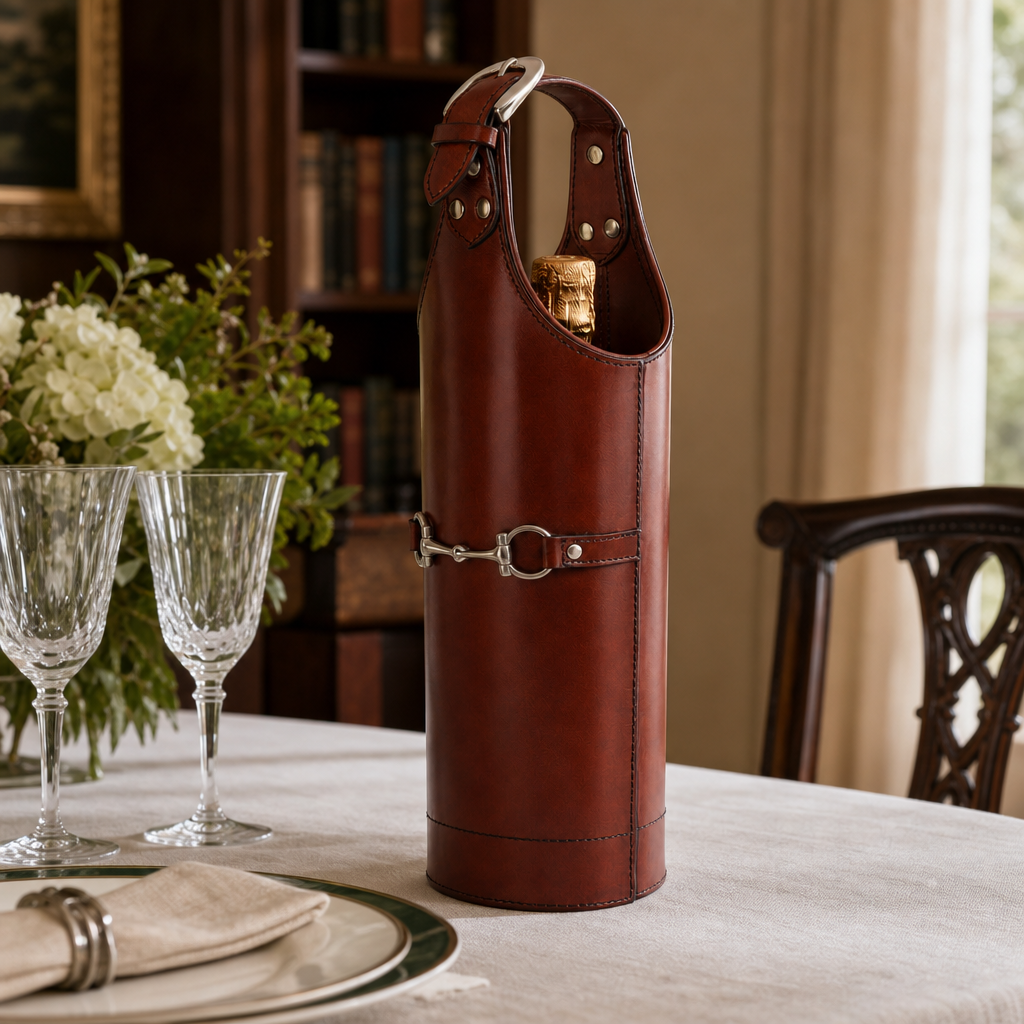 Premium Genuine Leather Equestrian Wine Bottle Carrier Single