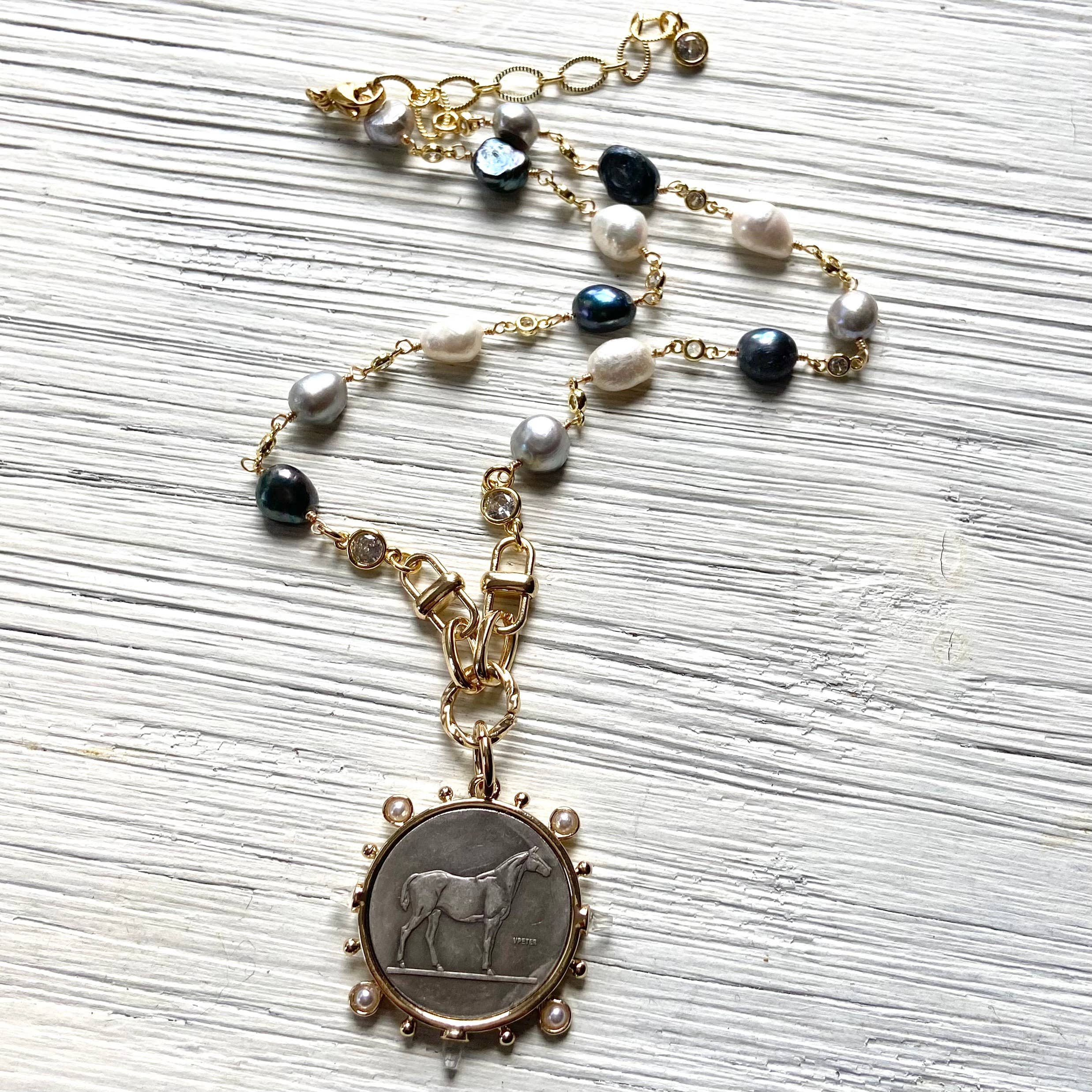 Equestrian Coin Necklace Baroque Denim Pearls