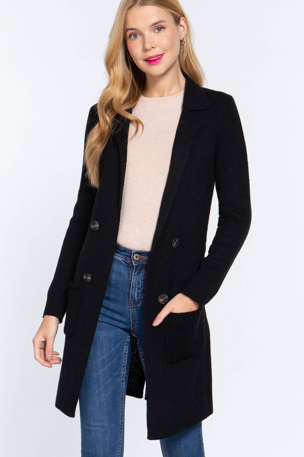 Long Sleeve Notched Collar Sweater Jacket