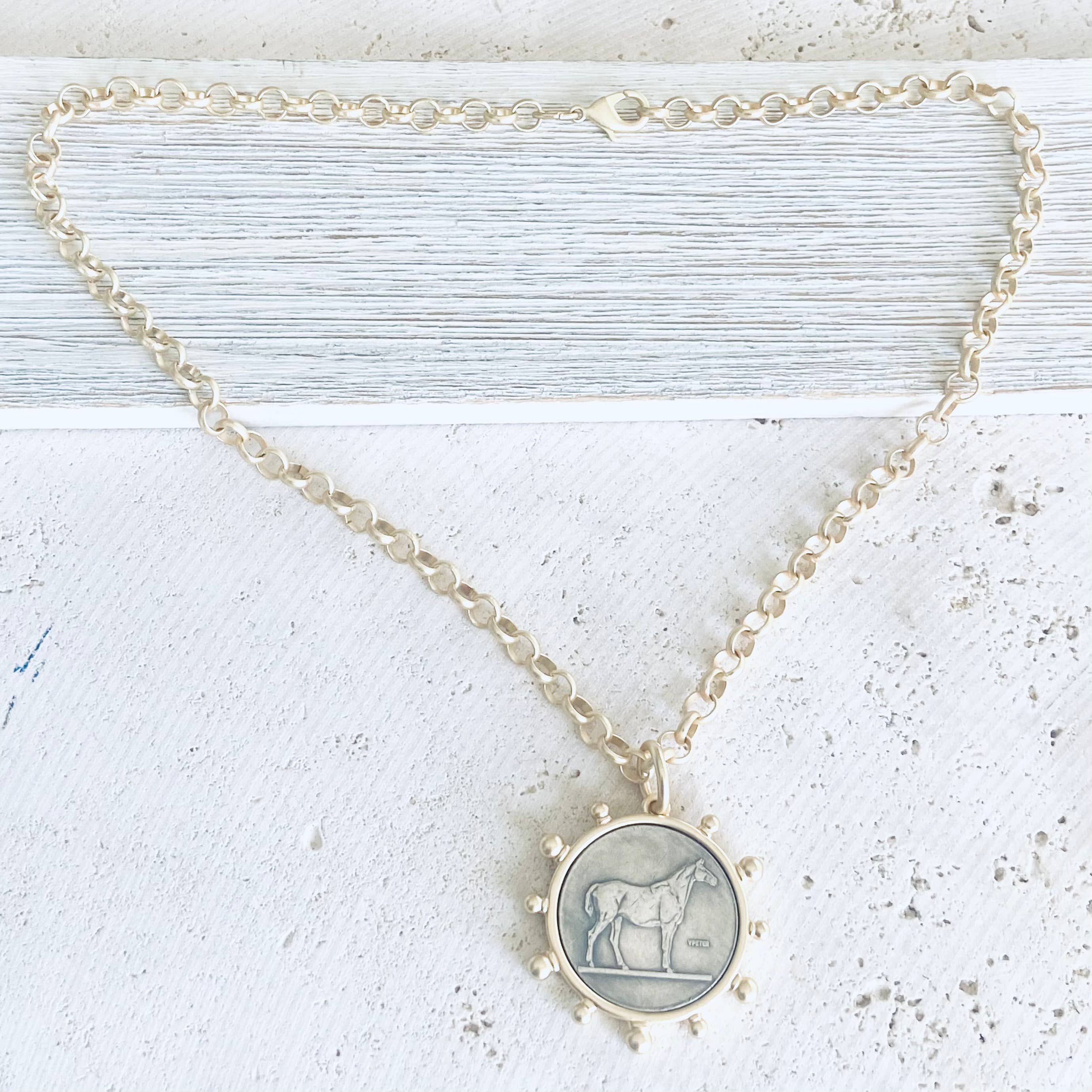 VB&CO Designs Handmade Jewelry - Matte gold horse coin jewelry 
