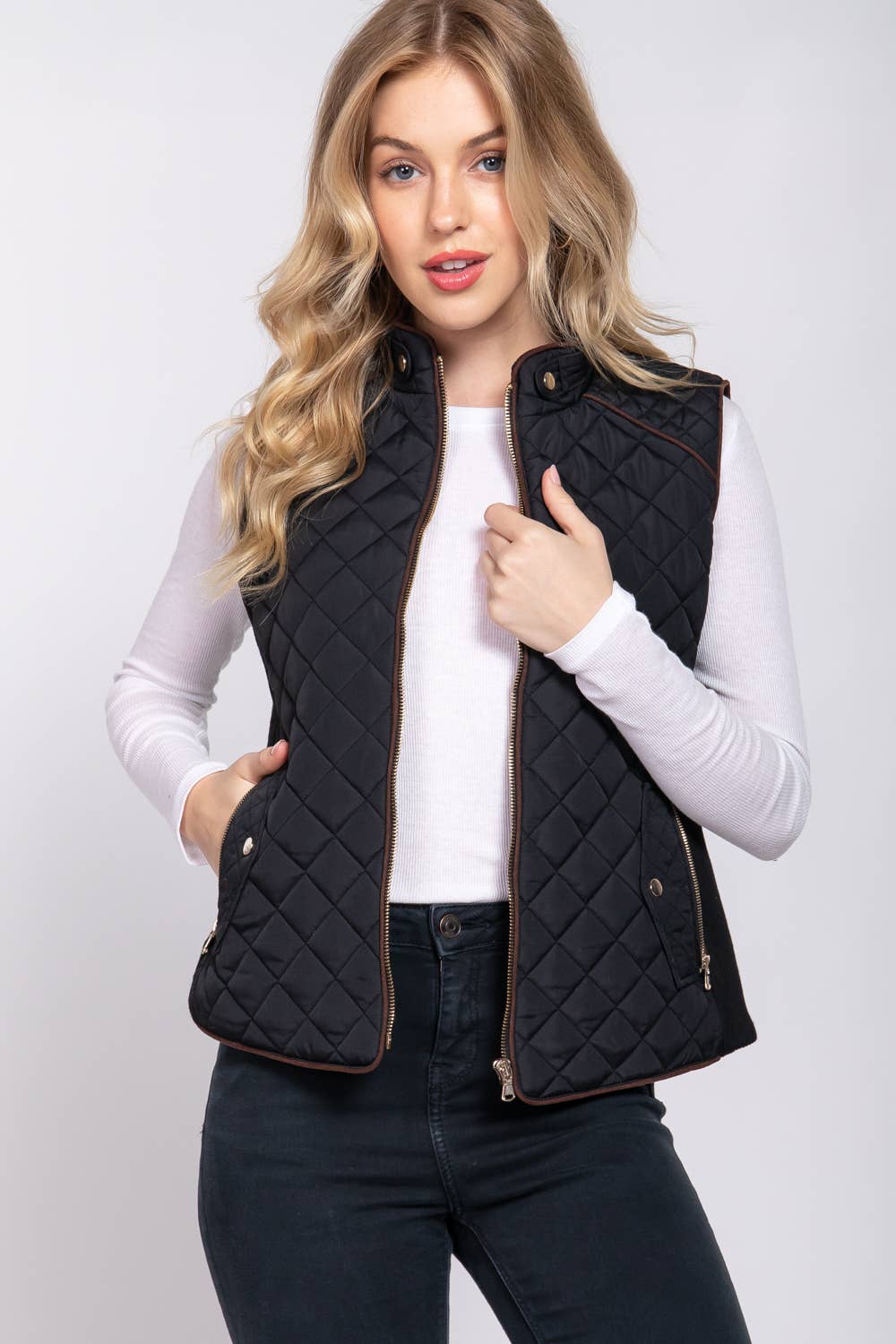 Quilted Padding Vest w/ Suede Piping