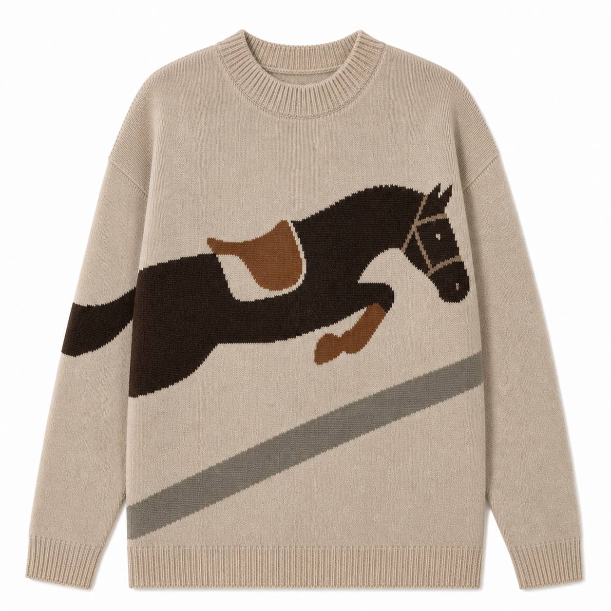 Women's Taupe Show Jumping Horse Graphic Knit Sweater
